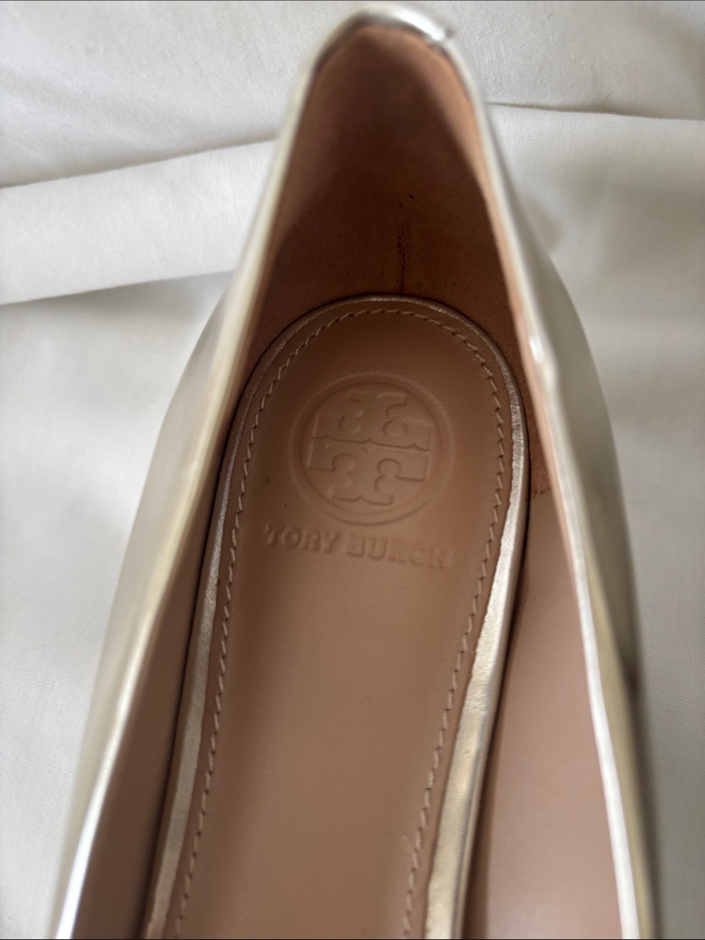 Tory Burch Silver Iridescent Gold Logo Block Heel Flats - Picture 8 of 16